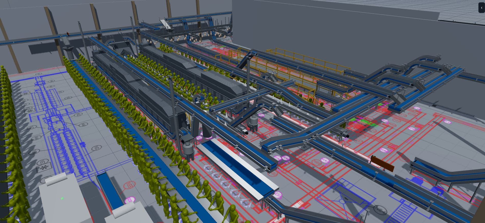 Linha industrial completa simulada em 3D no Horizon SIM, com leiaute importado sobreposto