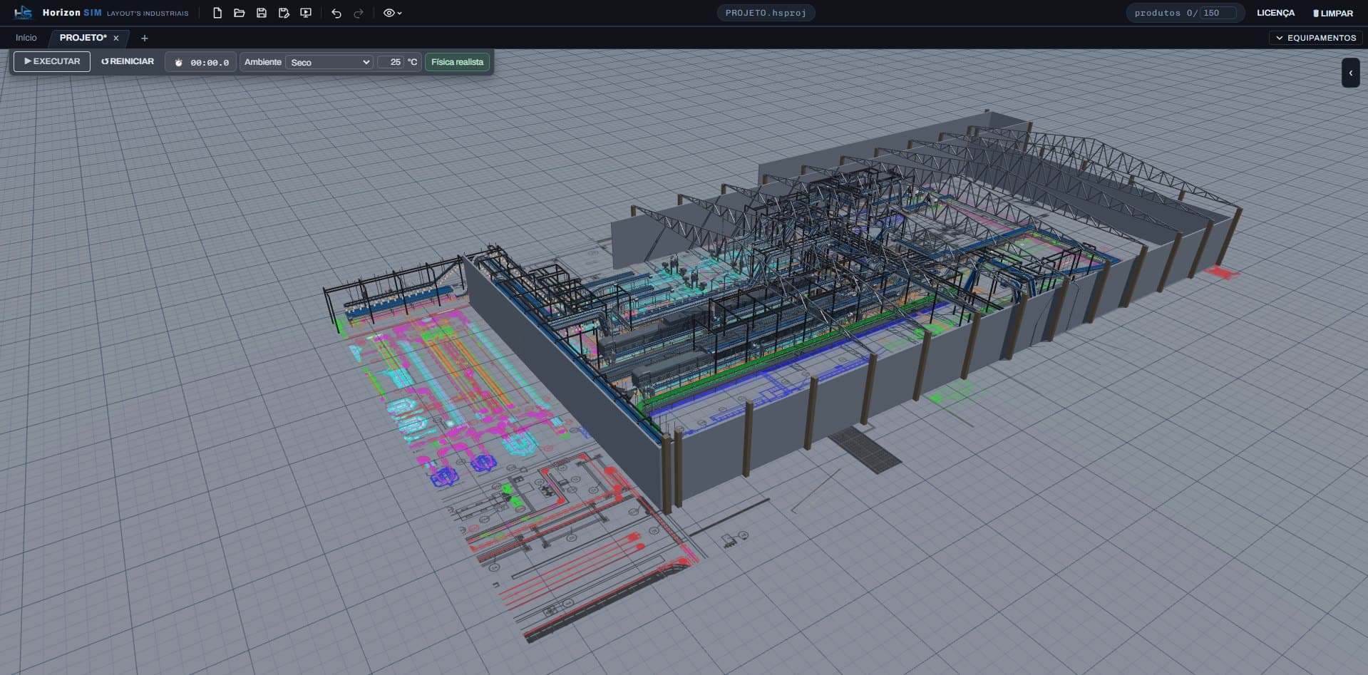 Linha 3D montada sobre a planta importada, com as camadas do desenho visíveis no piso
